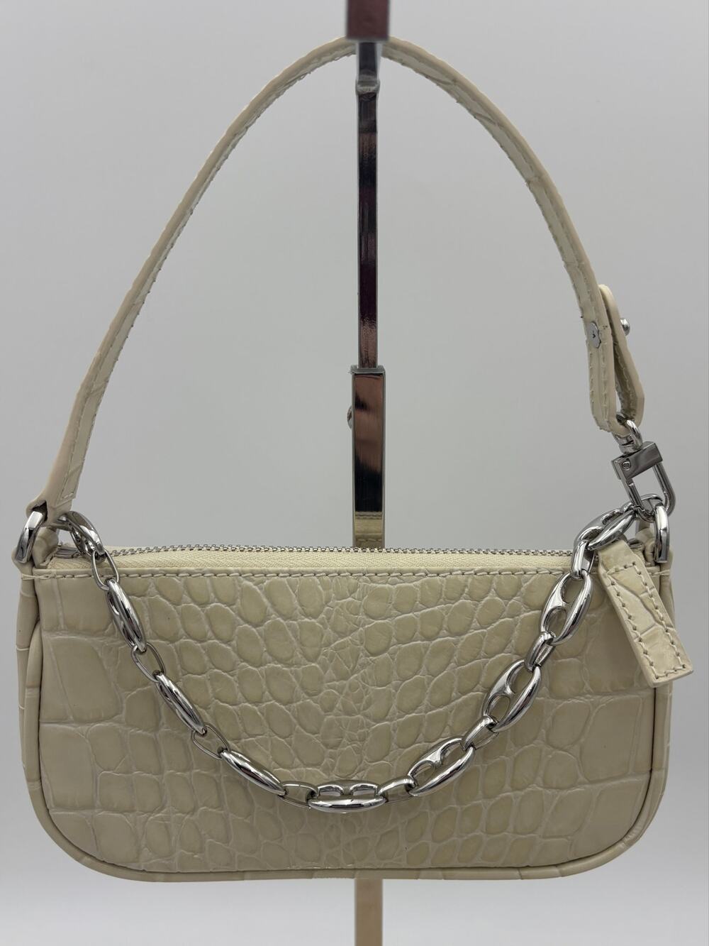 by FAR Mini Rachel Shoulder Bag Cream Crocodile Embossed Leather Chain Strap